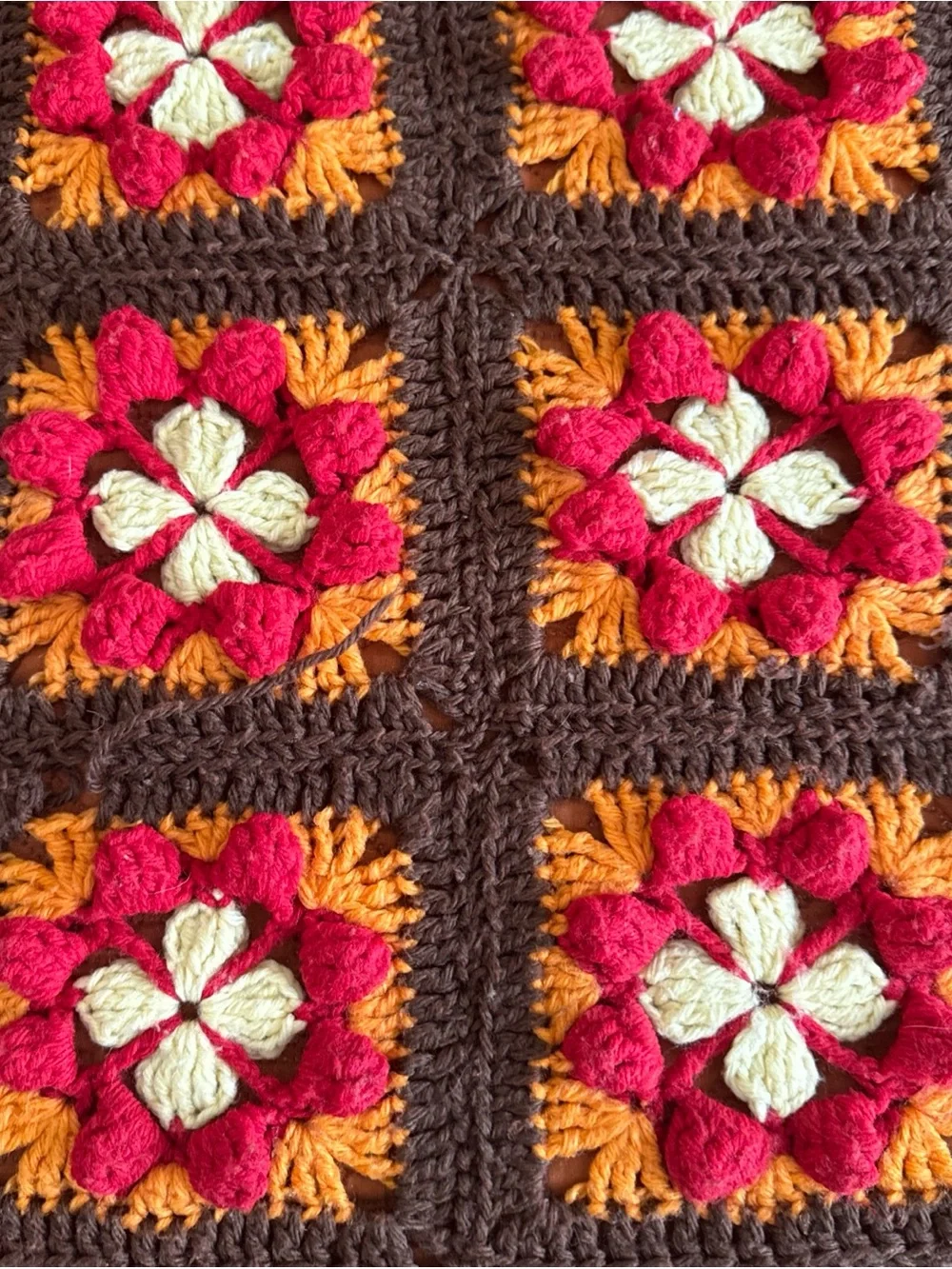 Handmade Crochet Granny Square Afghan Throw 94x51 Floral Brown Red Orange AS-IS